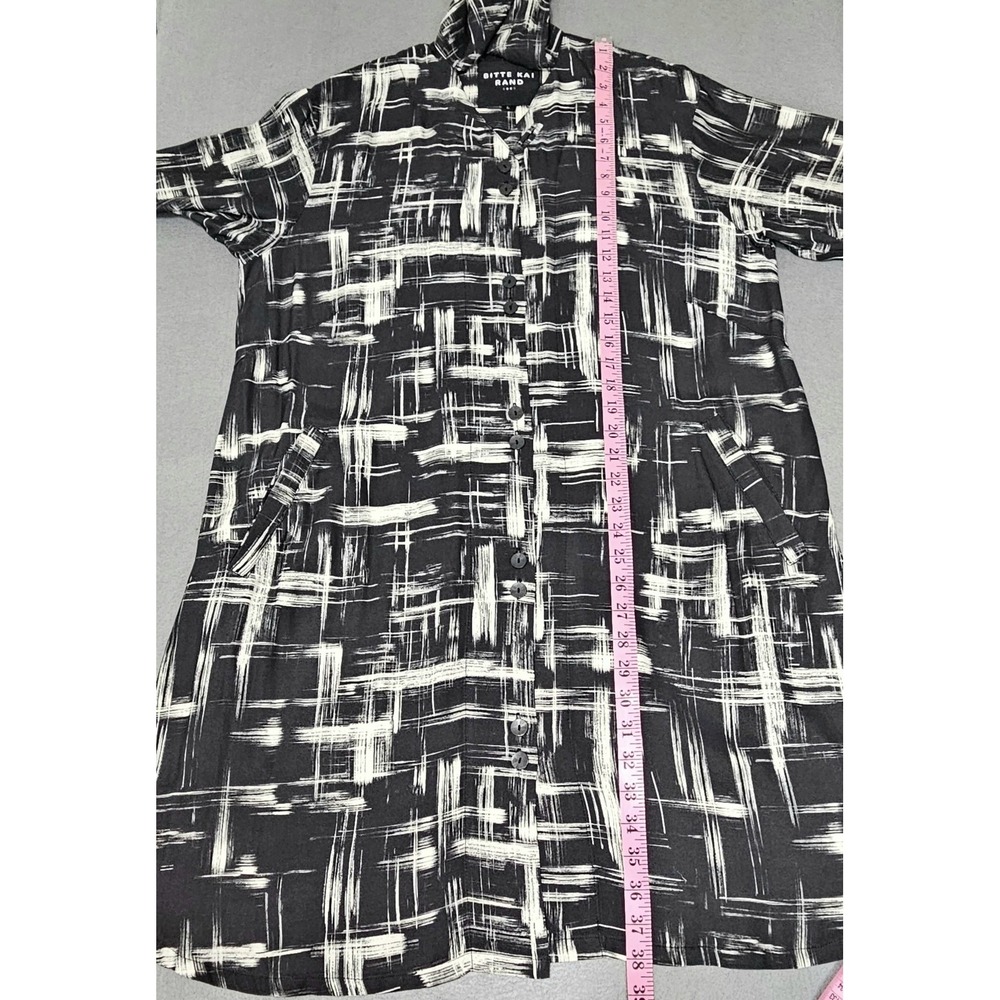 Bitte Kai Rand Shirt Dress Sz L Black Beige Brush Buttons Pockets Neck Tie - Picture 6 of 9